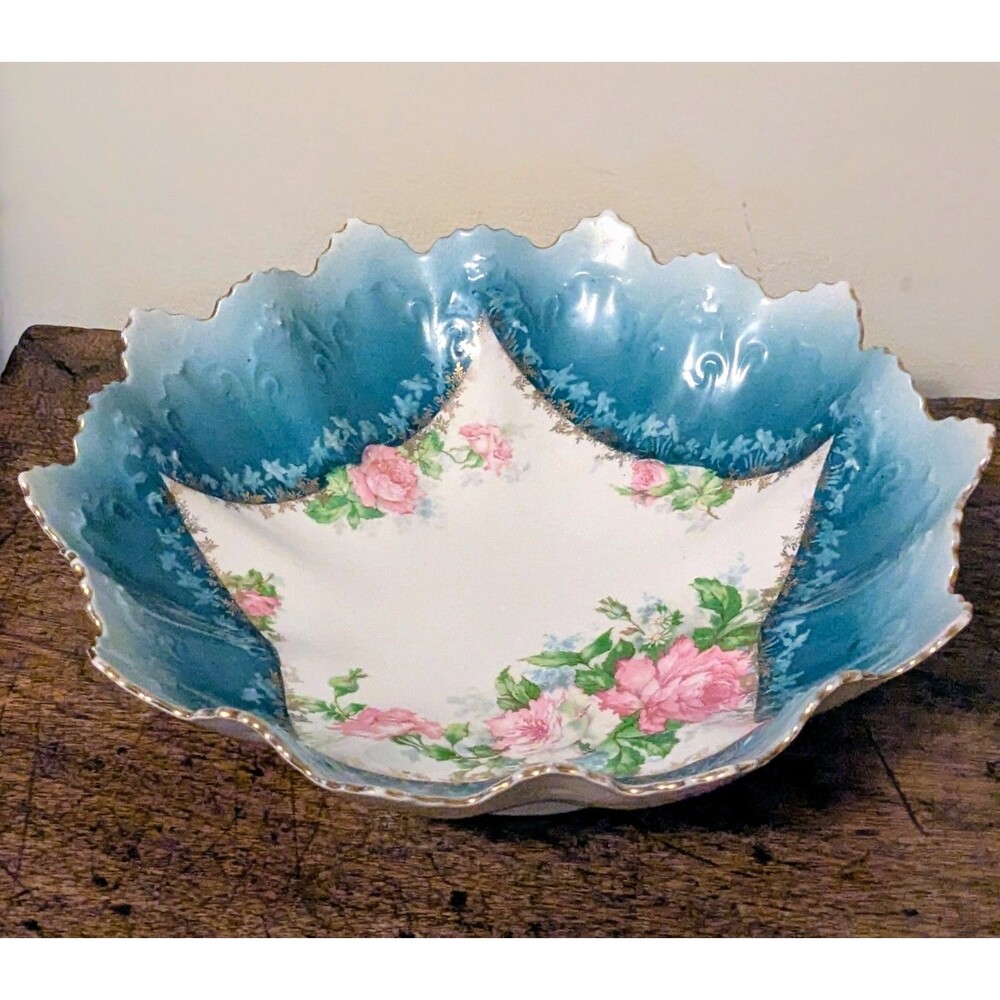 Antique M.Z. Austria Porcelain Bowl Teal Blue Pink Roses Scalloped Gold Rim